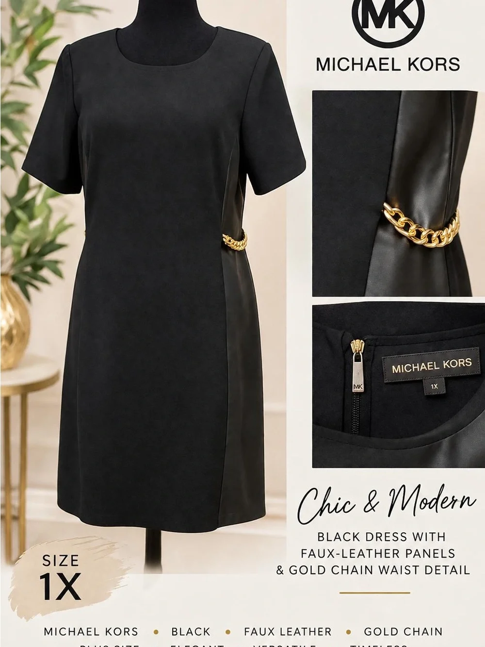 Michael Kors 1X Black Faux Leather Panel Gold Chain Sheath Dress Plus Size